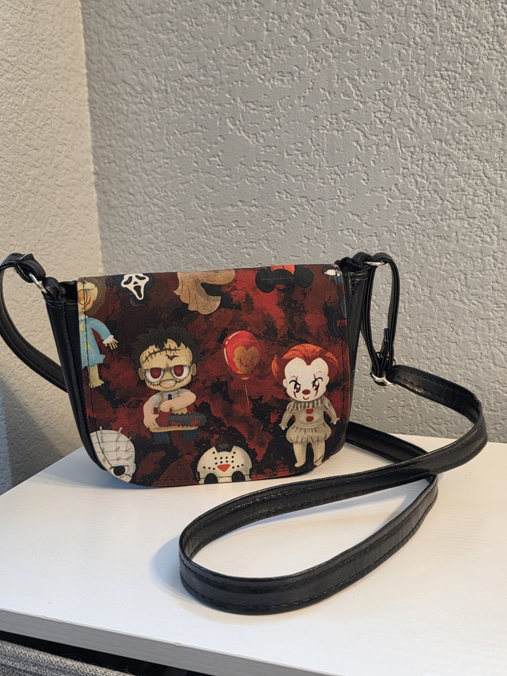 Spooky Character Print Crossbody Bag in Red and Black